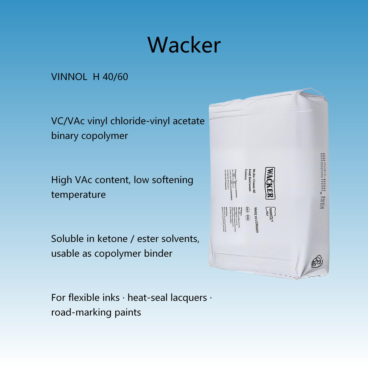 Wacker VINNOL H40/60 VC/VAc Resin — High Vinyl Acetate VC/VAc Copolymer for Solvent-Based Coatings, Printing Inks and Heat-Seal Coatings, 25 kg Original Packaging