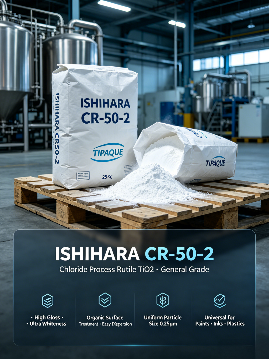 ISHIHARA CR-50-2 Chloride-process Rutile Titanium Dioxide, Alumina + Organic Surface Treatment, TiO2 for Coatings, Inks & Plastics